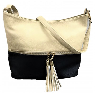 AM3016C-BEIGE/BLACK BUCKET VEGAN LEATHER CROSSBODY BAG